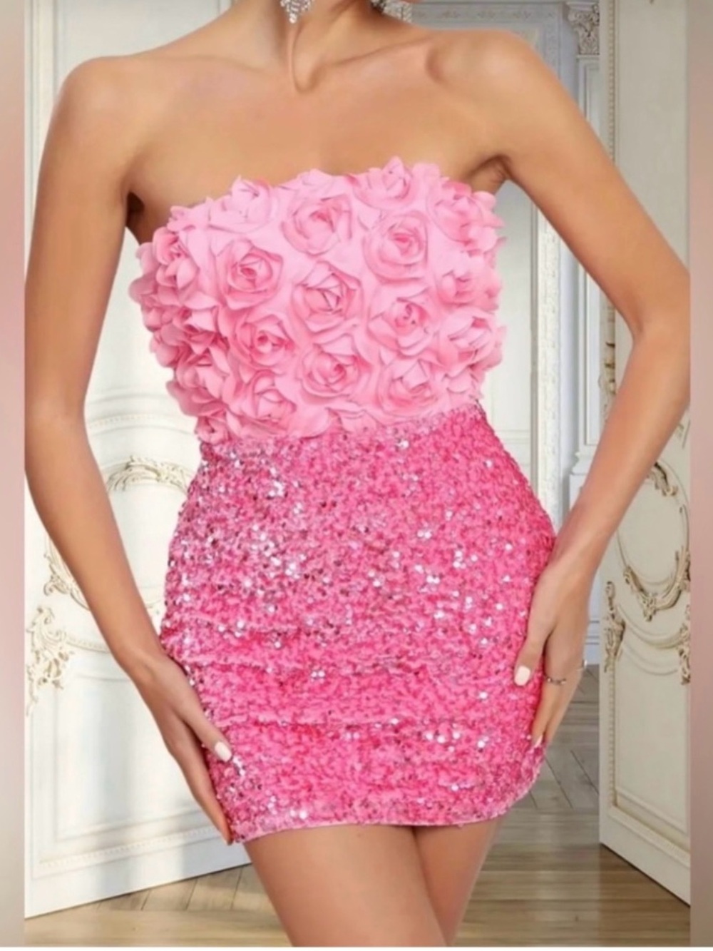 Pink Strapless Rose & Sequin Mini Dress